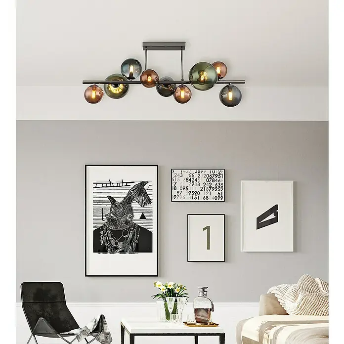 Globo Riha Deckenleuchte - 3,5 W, L x B x H: 87 x 30 x 38 cm, Grau matt, Warmweiß - Moderne Deckenleuchte mit mehreren Glaskugeln in verschiedenen Farben, die ein stilvolles Ambiente schafft.