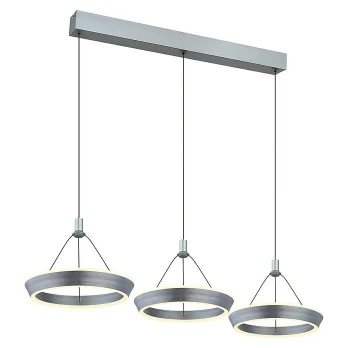 Globo LED-Pendelleuchte Ferra - 36 W, L x B x H: 97,5 x 30,4 x 180 cm, Titanfarben gebürstet, Titanfarben gebürstet, Warmweiß - Dreifach-LED-Pendelleuchte mit Ringdesign und silberner Aufhängung, modernes Beleuchtungselement für den Innenbereich.