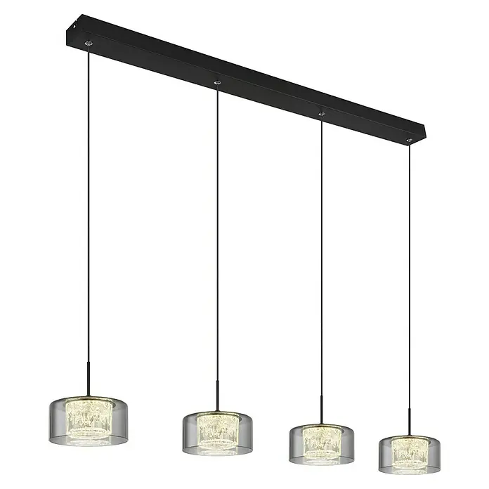 Globo LED-Pendelleuchte Fogsy - 32 W, L x B x H: 105 x 15 x 150 cm, Rauch, Schwarz matt - Elegante Hängeleuchte mit vier Pendeln und klaren Glasschirmen, die ein warmes Licht verbreiten. Das moderne Design ist perfekt für Esszimmer.
