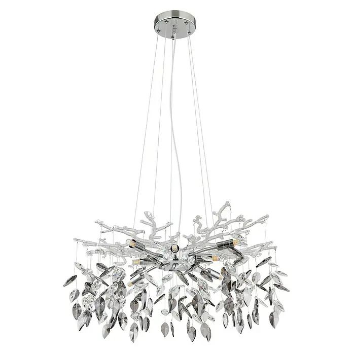 Globo Hängelampe Danna - 8 W, Ø x H: 61 x 120 cm, Chrom/Rauchfarben - Nahaufnahme einer luxuriösen Kristall-Hängeleuchte mit eleganten, verzweigten Armen und funkelnden Kristallanhängern auf schwarzem Hintergrund.