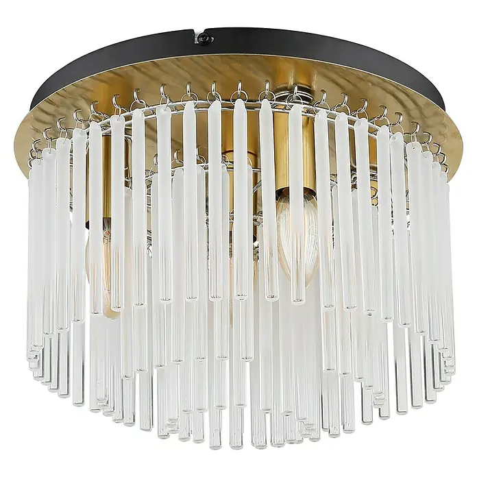 Globo Gorley Deckenleuchte rund - 40 W, Ø x H: 32 x 23 cm, Klar, Gold matt - Nahaufnahme einer stilvollen Deckenleuchte mit klaren Glasstäben, die von einer goldenen Halterung mit schwarzen Akzenten hängen.