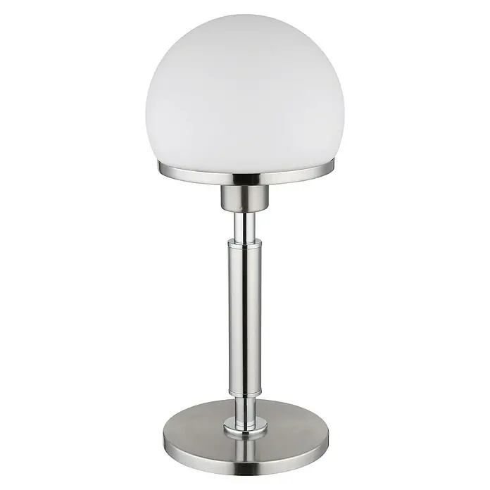 Globo Tischleuchte rund Haku - 40 W, Nickel matt, Weiß - Elegante Tischleuchte mit einem runden, weißen Lampenschirm und einem schlanken, silberfarbenen Metallsockel für eine moderne Note.