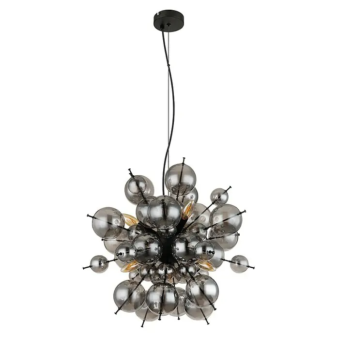 Globo Udo Pendelleuchte - 25 W, Ø x H: 55 x 120 cm, Rauch, Schwarz matt - Elegante Hängeleuchte mit kugelförmigen Lampenschirmen in Grau und schwarzen Akzenten, die ein modernes Ambiente schaffen.