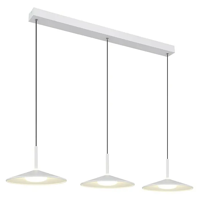Globo LED-Pendelleuchte Lampone - 24 W, L x B x H: 95 x 25 x 150 cm, Weiß - Pendelleuchte mit drei weißen Lampenschirmen und schwarzer Aufhängung vor schwarzem Hintergrund.