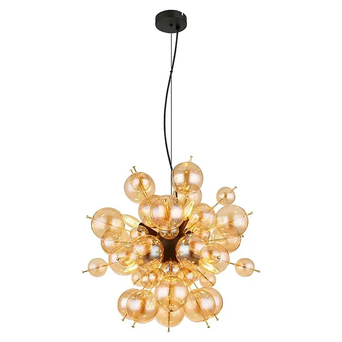 Globo Udo Pendelleuchte - 25 W, Ø x H: 55 x 120 cm, Amber, Schwarz matt - Eine stilvolle Hängeleuchte mit bernsteinfarbenen Glaskugeln, die ein warmes Licht verbreitet und jedem Raum eine elegante Note verleiht.