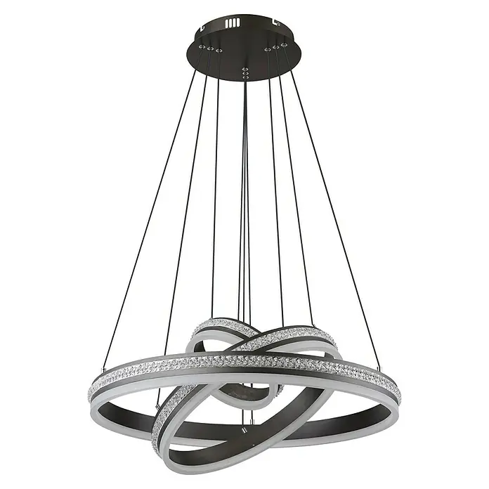 Globo Grouni LED-Pendelleuchte - 70 W, Titanfarben gebürstet - Moderne LED-Hängeleuchte mit verschlungenen Ringen, verziert mit funkelnden Kristallen, die ein elegantes Ambiente erzeugt.