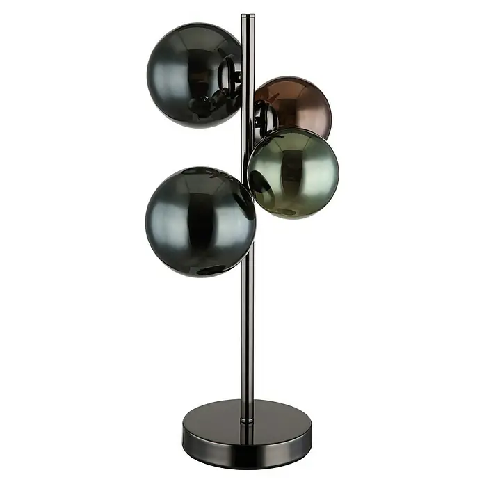 Globo Riha LED-Tischleuchte - L x B x H: 23,7 x 19,3 x 48 cm, Grau matt, Bunt - Eine moderne Stehlampe mit vier kugelförmigen Lampenschirmen in verschiedenen Farben, die an einem schlanken, chromfarbenen Ständer befestigt sind.
