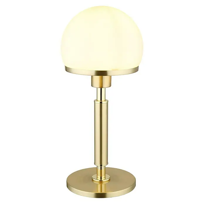 Globo Tischleuchte rund Haku - 40 W, Ø x H: 18 x 40 cm, Messing, Weiß - Elegante goldene Tischleuchte mit einem kugelförmigen, diffusen Schirm, ideal für eine stimmungsvolle Beleuchtung in jedem Raum.