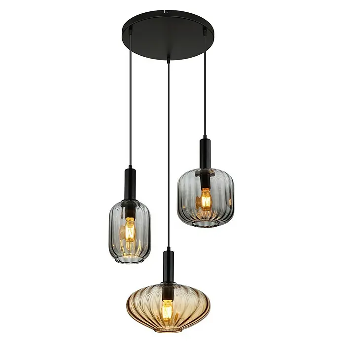 Globo Pendelleuchte Valletta - 60 W, Ø x H: 55 x 150 cm, Amber, Schwarz matt - Diese moderne Pendelleuchte mit drei Lampen hat klare und bernsteinfarbene Glasschirme und eine elegante schwarze Aufhängung.