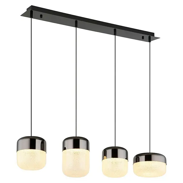 Globo Cristallica LED-Pendelleuchte - 40 W, L x B x H: 99 x 20 x 150 cm, Klar, Graphit matt - Elegante Pendelleuchte mit vier Leuchten. Die Leuchten haben eine polierte, dunkle Oberfläche und einen hellen, strukturierten Glasschirm.
