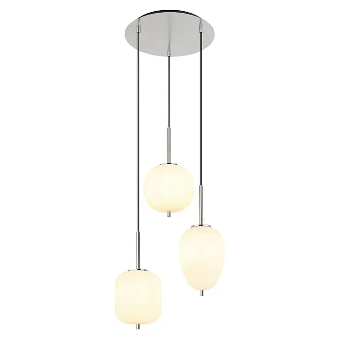 Globo Pendelleuchte Blacky I - 40 W, Ø x H: 46 x 120 cm - Nahaufnahme einer modernen, mehrflammigen Hängeleuchte mit kugelförmigen Lampenschirmen und eleganten Chromdetails, ideal für stilvolle Interieurs.