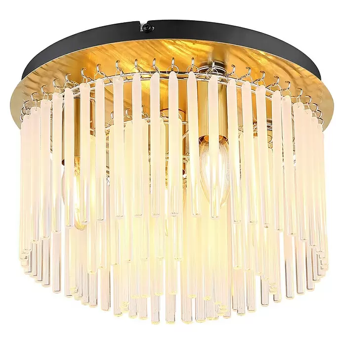 Globo Gorley Deckenleuchte rund - 40 W, Ø x H: 32 x 23 cm, Klar, Gold matt - Elegante Deckenleuchte mit schwarzem und goldenem Sockel und mehreren klaren Glasstäben um warmfarbene Glühbirnen.