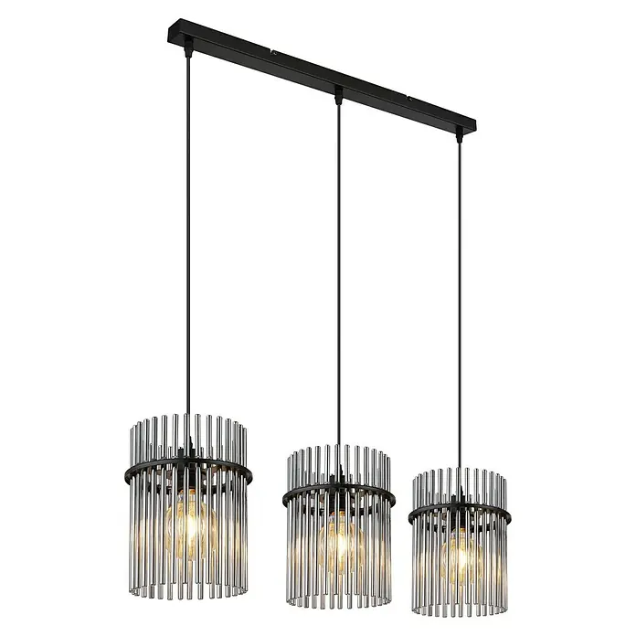 Globo Gorley Lámpara colgante LED - 60 W, L x An x Al: 80 x 20 x 140 cm, Negro, Negro - Lámpara colgante con tres cilindros plateados que emiten una luz cálida. Lámpara moderna para comedor o sala de estar.