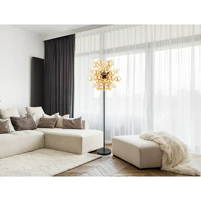 Globo Udo Stehleuchte - 25 W, Höhe: 155 cm, Schwarz matt, Amber - Elegante Stehlampe mit kugelförmigem Design, die jedem Raum einen Hauch von modernem Luxus verleiht. Perfekt als stilvolle Lichtquelle.
