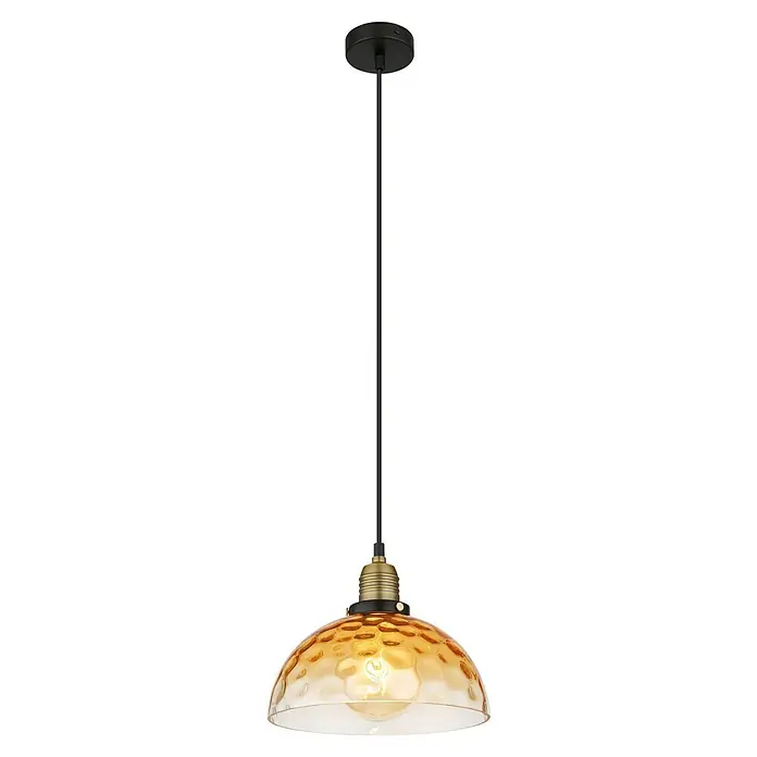 Globo Salvy Pendelleuchte - 60 W, Ø x H: 25 x 120 cm, Amber, Schwarz matt - Eine einzelne Pendelleuchte mit einem bernsteinfarbenen Glasschirm, der ein warmes Licht ausstrahlt, hängt an einer schlanken, schwarzen Stange.