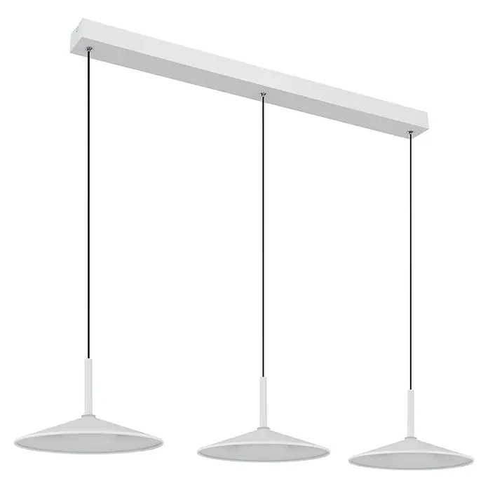 Globo LED-Pendelleuchte Lampone - 24 W, L x B x H: 95 x 25 x 150 cm, Weiß - Moderne Hängelampe mit drei weißen Lampenschirmen, die von einer rechteckigen Deckenhalterung hängen. Elegantes Design für stilvolle Beleuchtung.