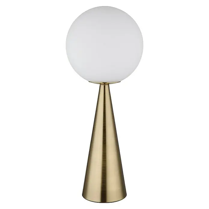 Globo Tischleuchte Pinapl - 40 W, Ø x H: 20 x 49,5 cm, Messingfarben matt, Weiß opal - Nahaufnahme einer modernen Tischlampe mit einer weißen Kugellampe auf einem konischen, goldfarbenen Sockel.