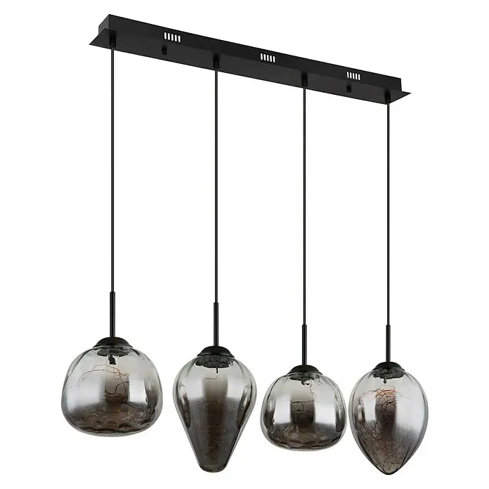 Globo LED-Pendelleuchte Firefly - 32 W, L x B x H: 91 x 20 x 120 cm, Rauch, Schwarz matt - Elegante Pendelleuchte mit vier Glaskugeln in verschiedenen Formen und einer schwarzen Aufhängung.
