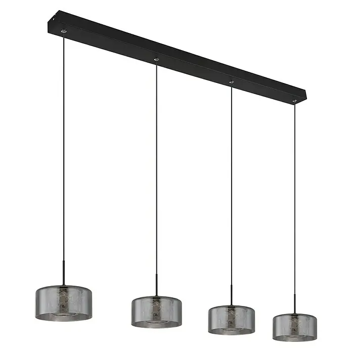 Globo LED-Pendelleuchte Fogsy - 32 W, L x B x H: 105 x 15 x 150 cm, Rauch, Schwarz matt - Pendelleuchte mit vier klaren Glasschirmen und schwarzer Aufhängung. Stilvolles Design für moderne Innenräume, sorgt für stimmungsvolle Beleuchtung.