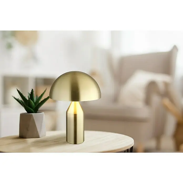 Globo Tischleuchte rund Atoma - 40 W, Ø x H: 30 x 39 cm, Messing - Nahaufnahme einer goldenen Tischlampe mit einem Kaktus auf einem Holztisch, die ein warmes und einladendes Ambiente schafft.