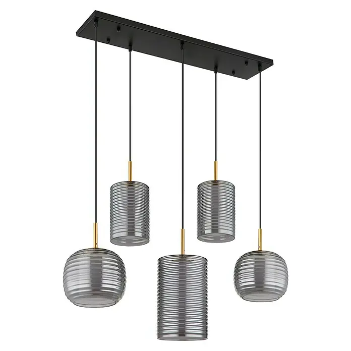 Globo LED-Pendelleuchte Lampigna - 40 W, L x B x H: 93 x 31,5 x 150 cm, Weiß opal, Schwarz matt - Elegante Pendelleuchte mit fünf grauen Lampenschirmen und schwarzen Aufhängungen. Stilvolle Beleuchtung für moderne Innenräume.