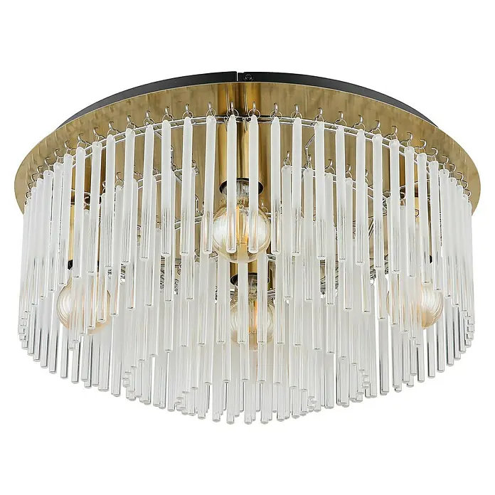 Globo Gorley Deckenleuchte rund - 60 W, Ø x H: 50 x 25 cm, Klar, Gold matt - Nahaufnahme einer eleganten Deckenleuchte mit Glasstäben und goldenen Akzenten, die eine warme und einladende Atmosphäre erzeugt.
