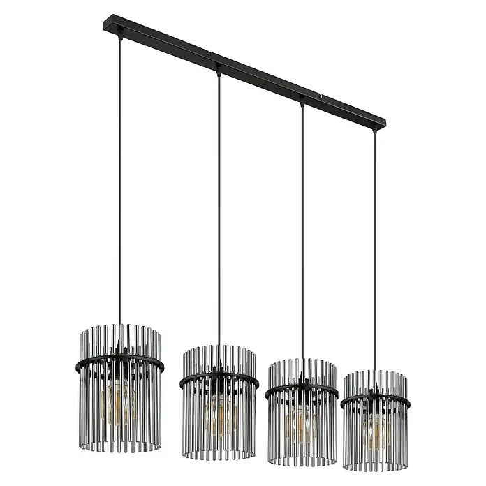 Globo Gorley Pendelleuchte - 60 W, L x B x H: 110 x 20 x 140 cm, Rauch, Schwarz matt - Hängeleuchte mit vier Lampen, die in zylindrischen Glaskörpern hängen und von einem schwarzen Gestell gehalten werden.