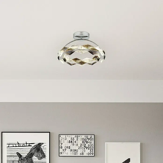Globo Karilion LED-Deckenleuchte - 24 W, Ø x H: 37 x 21,5 cm, Rauch, Silber verchromt, Warmweiß - Eine moderne Deckenleuchte mit Chrom-Finish und einem dekorativen, facettierten Lampenschirm, der ein elegantes Lichtspiel erzeugt.