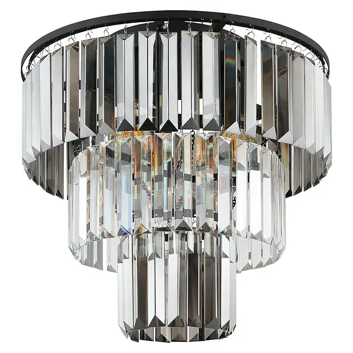 Globo Naxis Deckenleuchte rund - 40 W, Ø x H: 40 x 33 cm, Amber, Schwarz matt - Nahaufnahme einer dreistufigen Deckenleuchte mit rechteckigen Kristallprismen, die ein elegantes und modernes Ambiente schafft.