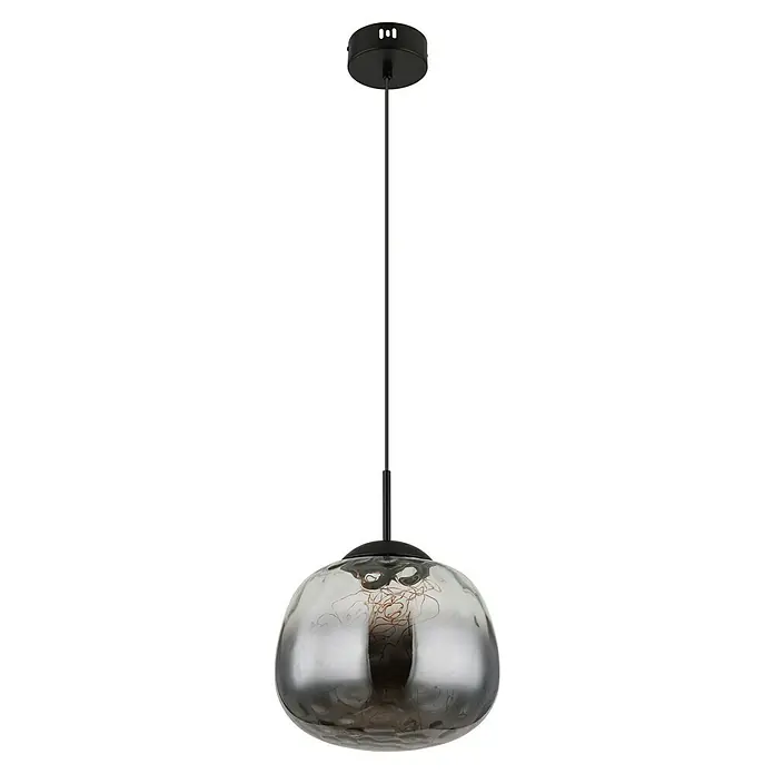 Globo LED-Pendelleuchte rund Firefly - 8 W, Ø x H: 20 x 120 cm, Rauch, Schwarz martt, Warmweiß - Elegante Hängeleuchte mit einem grauen Glasschirm, ideal für moderne Innenräume und stimmungsvolle Beleuchtung.\n