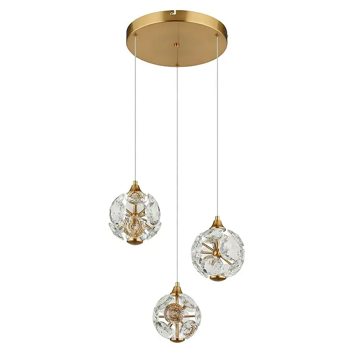 Globo Virina LED-Pendelleuchte rund - 24 W, Ø x H: 42 x 150 cm, Klar, Gold - Goldene Pendelleuchte mit drei Kristallkugeln, die ein elegantes Ambiente schaffen.