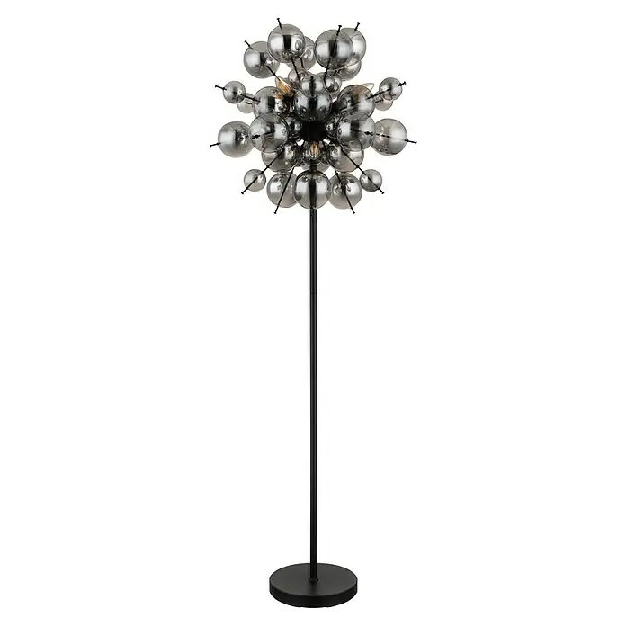 Globo Udo Stehleuchte - 25 W, Höhe: 155 cm, Schwarz matt, Rauch - Elegante Stehlampe mit kugelförmigem Lampenschirm und schwarzem Metallfuß, die ein modernes und stilvolles Ambiente schafft.