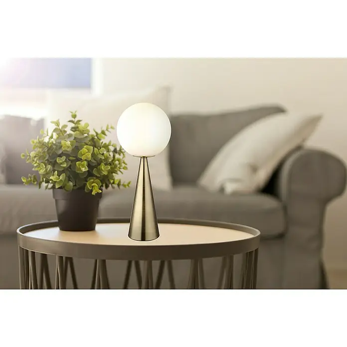 Globo Tischleuchte Pinapl - 40 W, Ø x H: 20 x 49,5 cm, Messingfarben matt, Weiß opal - Diese Nahaufnahme zeigt eine elegante Tischlampe mit einem kugelförmigen Lampenschirm und einem konischen Lampenfuß neben einer kleinen Topfpflanze auf einem Beistelltisch.