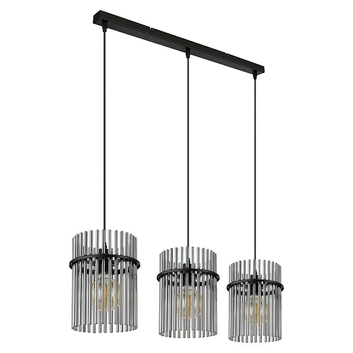 Globo Gorley Lámpara colgante LED - 60 W, L x An x Al: 80 x 20 x 140 cm, Negro, Negro - Elegante lámpara colgante con tres pantallas cilíndricas hechas de varillas cromadas, creando una luz cálida. Ideal para comedores o salas de estar.