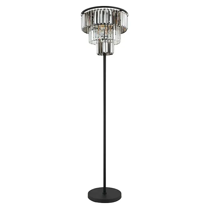 Globo Naxis Stehleuchte - Höhe: 160 cm, Schwarz matt, Klar - Elegante Stehlampe mit einem dreistufigen Kristallschirm, der ein warmes Licht verbreitet, ideal für stilvolle Wohnräume.