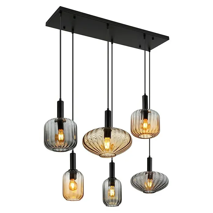 Globo Pendelleuchte Valletta - 60 W, L x B x H: 100 x 47 x 150 cm, Amber, Schwarz matt - Sechsflammige Pendelleuchte mit dekorativen Glasschirmen in Grau und Bernstein, ein Blickfang für jedes Zuhause.