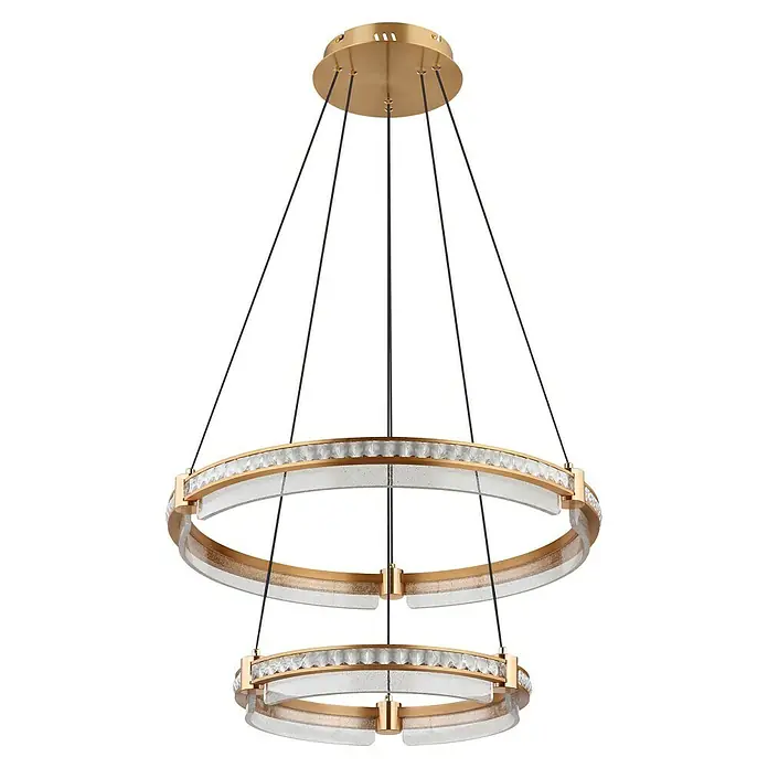 Globo Blondie LED-Pendelleuchte - 78 W, 60 x 120 cm, Gold, Gold, Mehrfarbig - Eine zweistöckige, goldfarbene Kristallleuchte mit schwarzer Aufhängung vor schwarzem Hintergrund.
