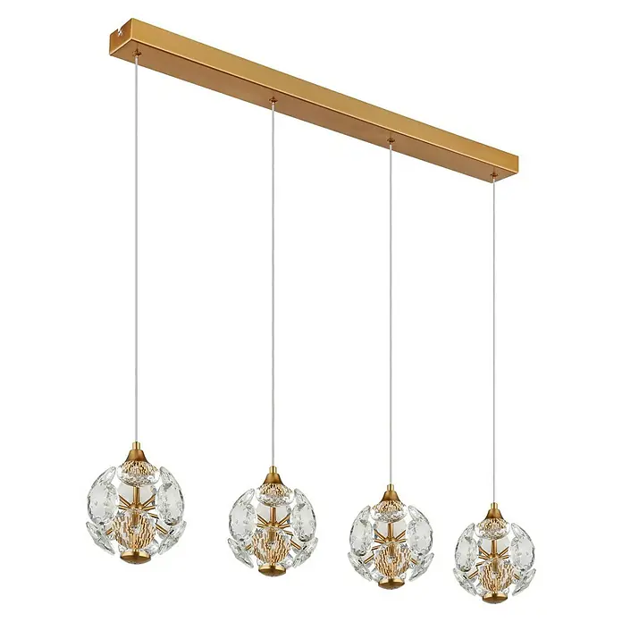 Globo Virina LED-Pendelleuchte - 32 W, L x B x H: 93 x 15 x 150 cm, Klar, Gold - Elegante Hängeleuchte mit vier Kristallkugeln an einer goldenen Stange. Das moderne Design wertet jeden Raum auf.