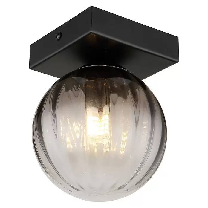 Globo Dallerta Wandleuchte rund Deckenleuchte - 10 W, Ø x H: 12 x 15 cm, Schwarz matt, Rauch, G9 - Schwarze quadratische Deckenleuchte mit geripptem, rauchgrauem Kugelglasschirm und glühendem LED-Glühfadenleuchtmittel.