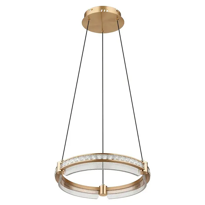 Globo Blondie LED-Pendelleuchte - 36 W, 40 x 120 cm, Gold, Gold, Mehrfarbig - Nahaufnahme einer runden LED-Pendelleuchte mit Kristallen und goldenen Akzenten, die an drei Kabeln von einer goldenen Deckenhalterung hängt.