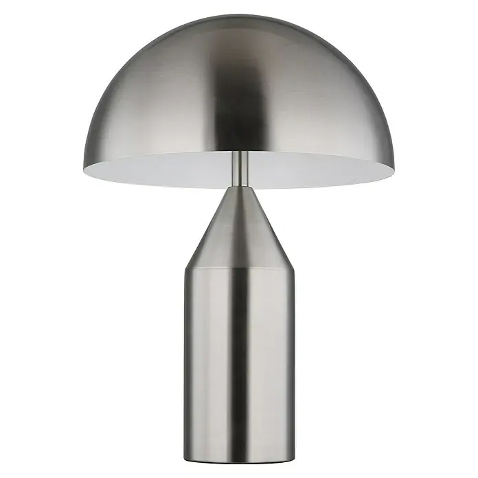 Globo Tischleuchte rund Atoma - 40 W, Ø x H: 30 x 39 cm, Nickel - Nahaufnahme einer modernen Tischleuchte mit gebürstetem Metallsockel und halbkugelförmigem Lampenschirm, die ein stilvolles Ambiente erzeugt.