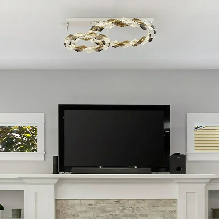 Globo Karilion LED-Deckenleuchte - 50 W, Ø x H: 60 x 24 cm, Rauch, Silber verchromt, Warmweiß - Moderne LED-Deckenleuchte mit zwei ineinander verschlungenen Ringen, die ein elegantes Lichtdesign im Raum erzeugt.\n