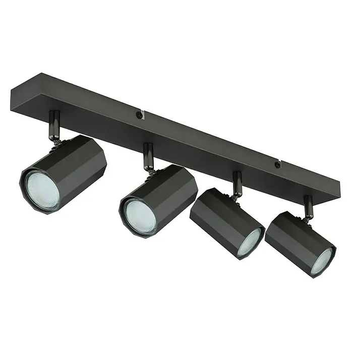 Globo James Deckenstrahler - 25 W, L x B x H: 53 x 6 x 14,5 cm, Grau matt, GU10, Anzahl Leuchtmittel: 4 Stk. - Nahaufnahme einer schwarzen, modernen LED-Deckenleuchte mit vier Strahlern und guter Lichtleistung.