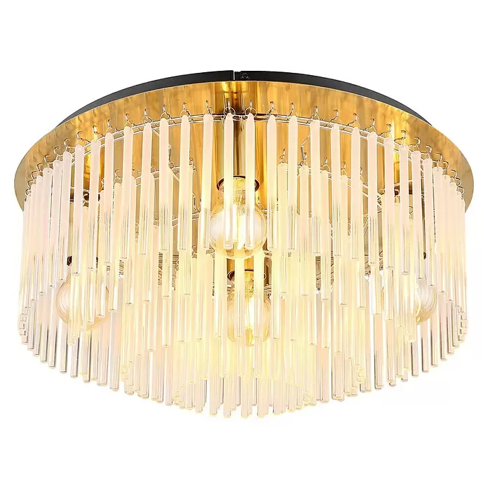 Globo Gorley Deckenleuchte rund - 60 W, Ø x H: 50 x 25 cm, Klar, Gold matt - Goldene Deckenleuchte mit klaren Glasstäben und beleuchteten Glühbirnen.
