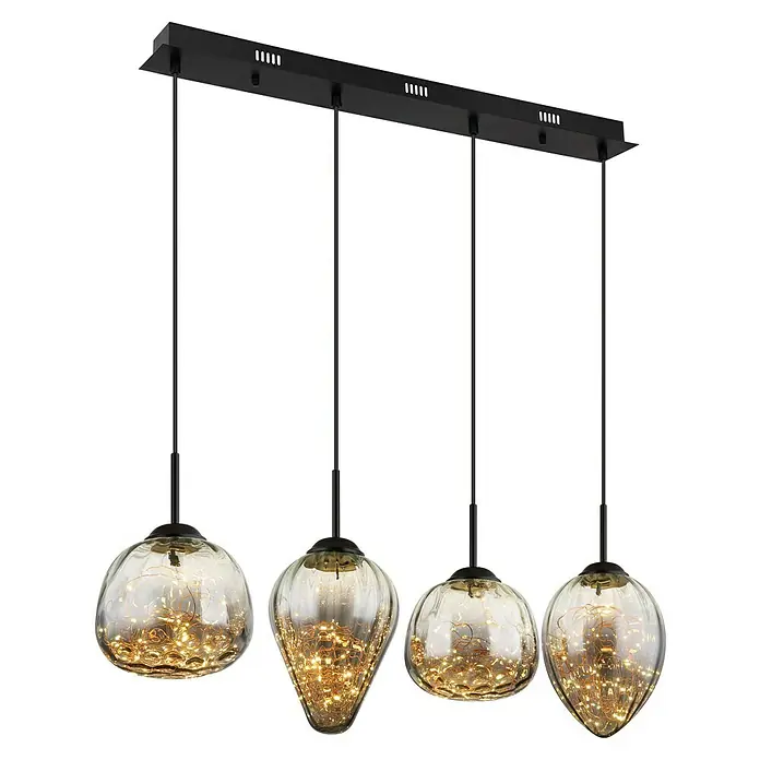 Globo LED-Pendelleuchte Firefly - 32 W, L x B x H: 91 x 20 x 120 cm, Rauch, Schwarz matt - Moderne Hängeleuchte mit vier dekorativen Glaspendeln, die mit warmweißen Lichtern gefüllt sind, für eine stimmungsvolle Beleuchtung.