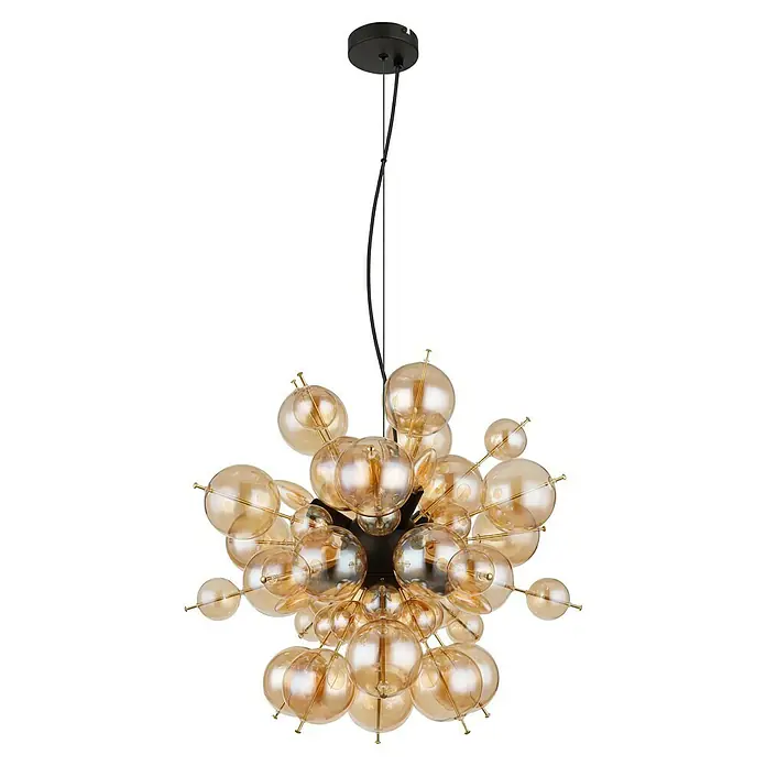 Globo Udo Pendelleuchte - 25 W, Ø x H: 55 x 120 cm, Amber, Schwarz matt - Eine stilvolle Hängeleuchte mit goldfarbenen Glaskugeln und einem schwarzen Baldachin, die jedem Raum Eleganz verleiht.