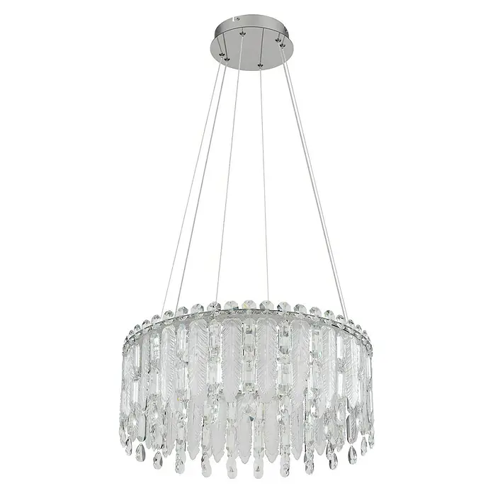 Globo Klunka LED-Pendelleuchte rund - 58 W, Ø x H: 60 x 120 cm, Klar, Silber verchromt - Luxuriöser runder Kronleuchter mit klaren Kristallverzierungen und eleganten Aufhängungen für stilvolle Beleuchtung.