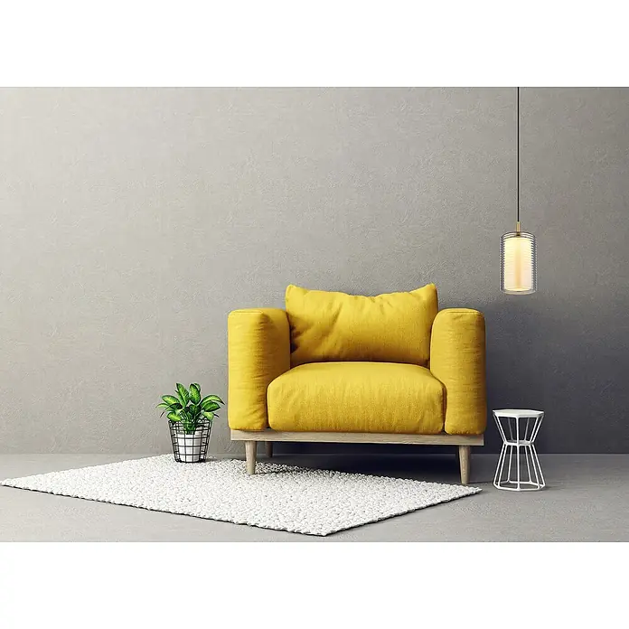 Globo LED-Pendelleuchte Lampigna - 10 W, Ø x H: 18 x 150 cm, Weiß opal, Schwarz matt - Gelber Sessel mit Akzenten im Raum, inklusive Lampe, Beistelltisch und Pflanze, die eine moderne und gemütliche Atmosphäre schaffen.