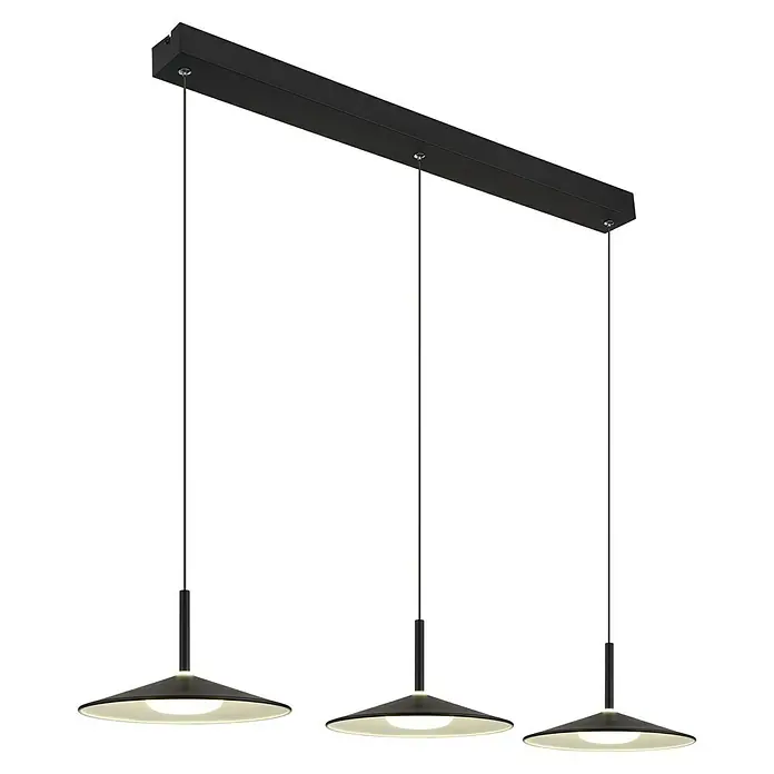 Globo LED-Pendelleuchte Lampone - 24 W, L x B x H: 95 x 25 x 150 cm, Schwarz matt - Elegante Pendelleuchte mit drei schwarzen Lampenschirmen und warmem Licht. Modernes Design für stilvolle Beleuchtung im Raum.