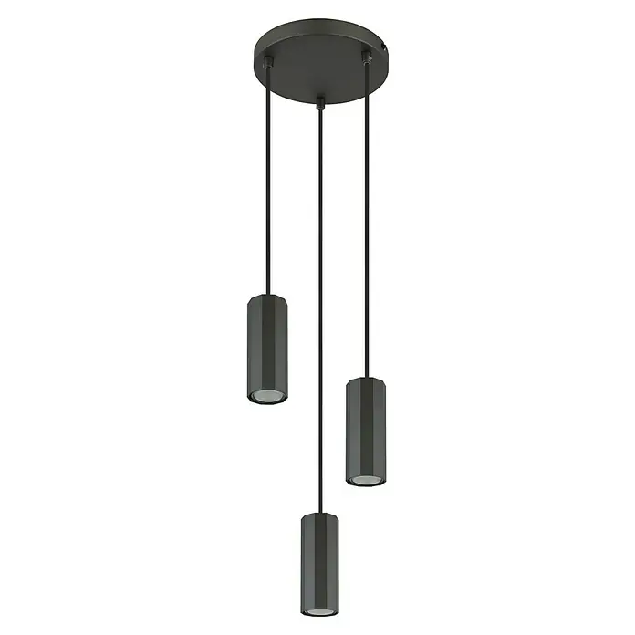 Globo James Pendelleuchte - 25 W, Ø x H: 20 x 120 cm, Grau matt - Eine moderne, schwarze Hängeleuchte mit drei zylindrischen Lampenschirmen und minimalistischem Design.